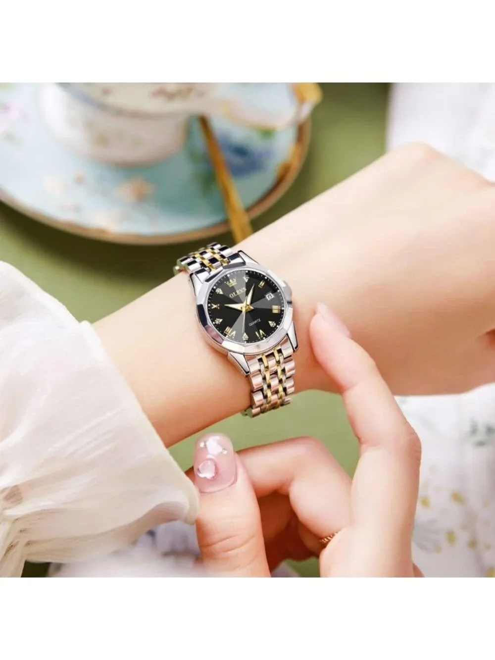 Women's Black Gold Silver Diamond Analog Stainless Steel Waterproof Wrist Watch